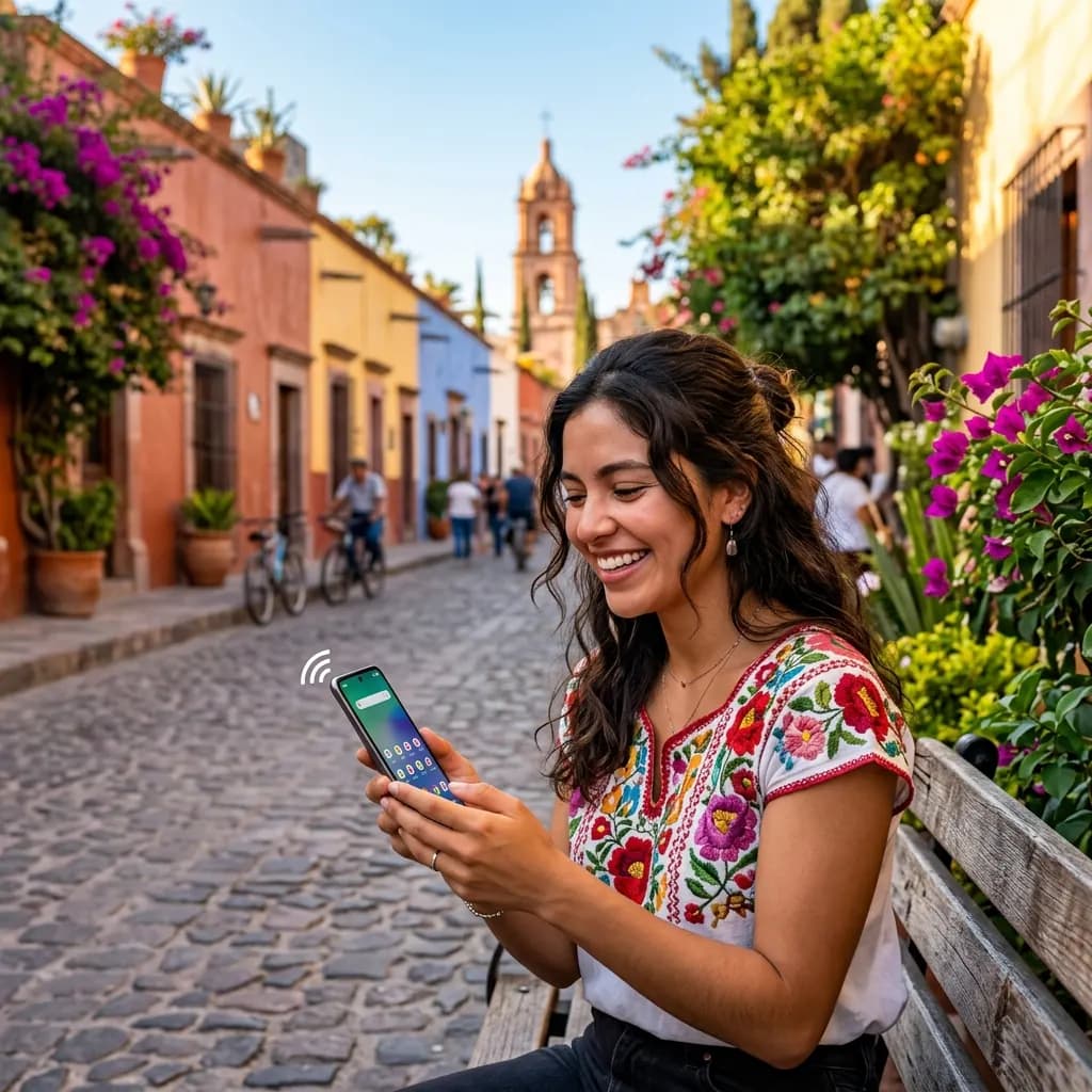 Una mujer sonríe mientras usa su teléfono en la calle empedrada de un pueblo